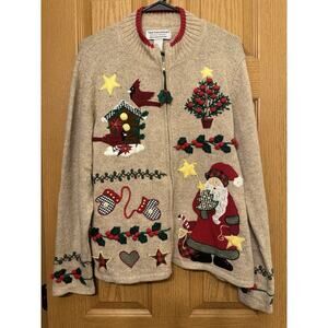 Tiara International Vtg Christmas Holiday Festive Zip Up Cardigan Sweater NWT XL